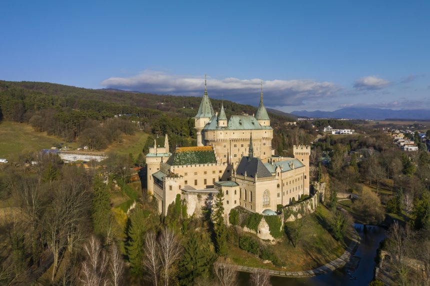 Aerial view of romantic medieval European castle in Bojnice, Slovakia