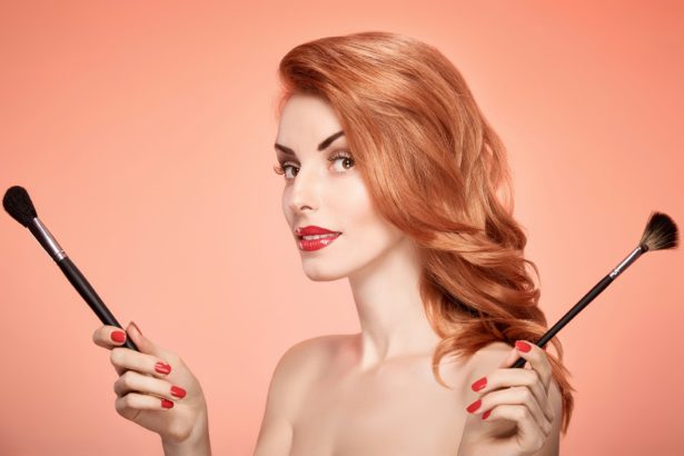 Beauty portrait woman, eyelashes, makeup brushes