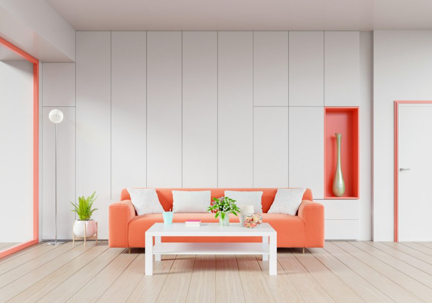 Modern living room interior with living coral color.